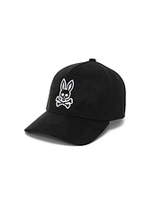 Mens Kenneth A-Frame Trucker Cap in black, featuring a prominent white embroidered Psycho Bunny skull logo on the front, crafted from smooth, durable fabric.