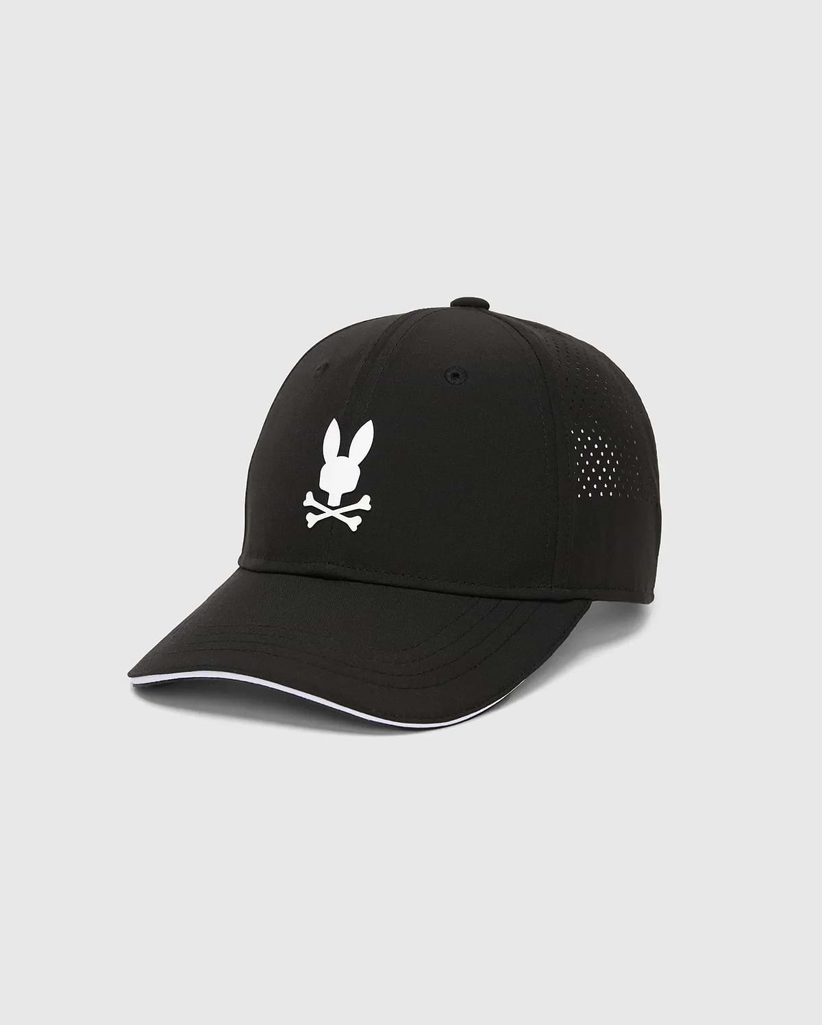 Mens Blaze Sport Cap, black with a large white embroidered Psycho Bunny skull logo on the front, white piping on the brim, and perforated side panels for breathability. (2)