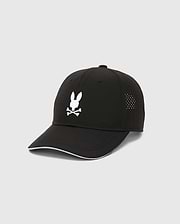 Mens Blaze Sport Cap, black with a large white embroidered Psycho Bunny skull logo on the front, white piping on the brim, and perforated side panels for breathability. (2)