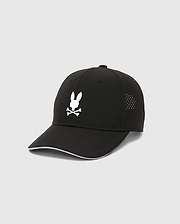 Mens Blaze Sport Cap, black with a large white embroidered Psycho Bunny skull logo on the front, white piping on the brim, and perforated side panels for breathability. (2)