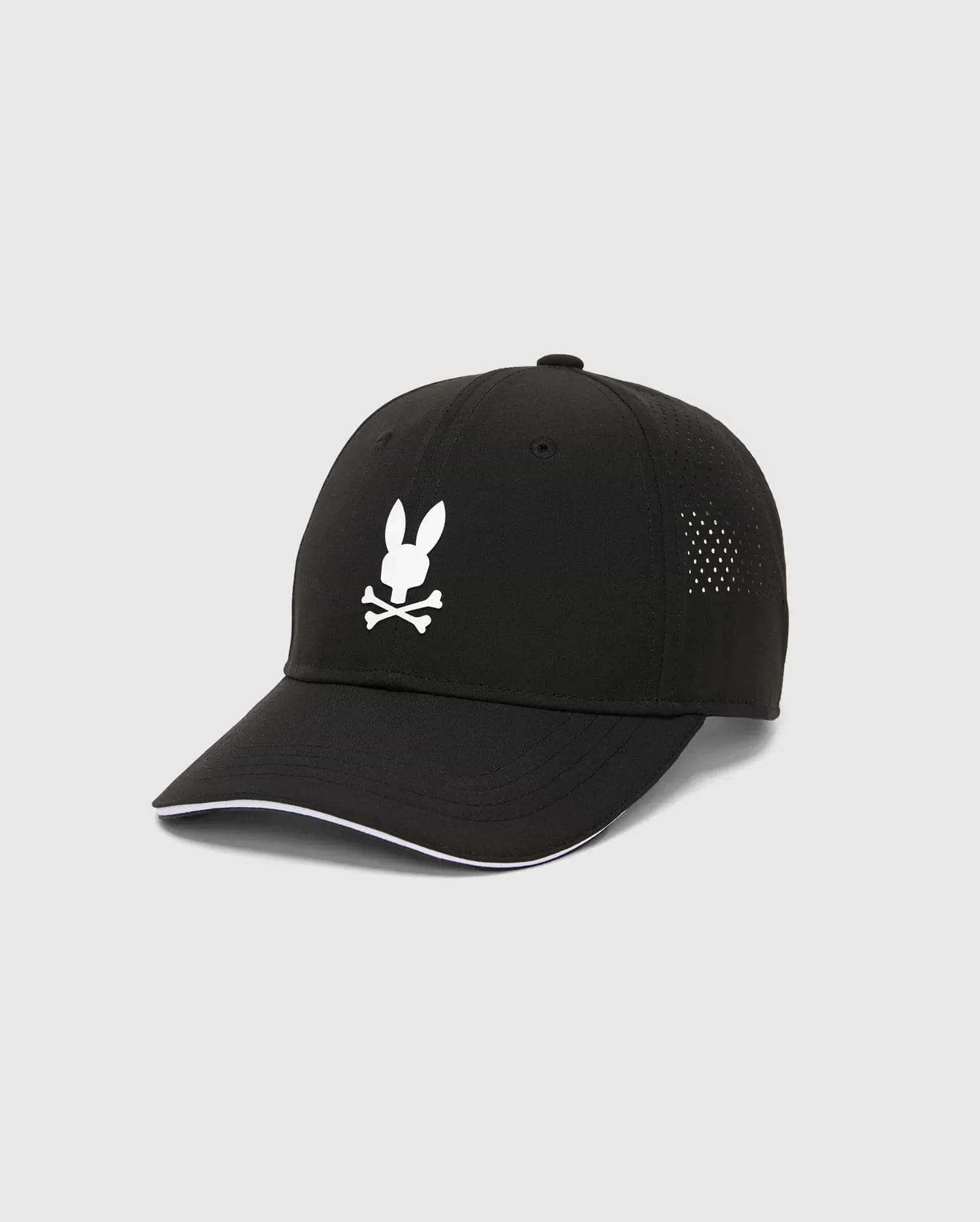 Mens Blaze Sport Cap, black with a large white embroidered Psycho Bunny skull logo on the front, white piping on the brim, and perforated side panels for breathability. (2)