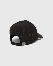 Mens Blaze Sport Cap, black perforated performance fabric with a white brim edge, featuring an adjustable strap and a gunmetal Psycho Bunny skull logo buckle. (4)