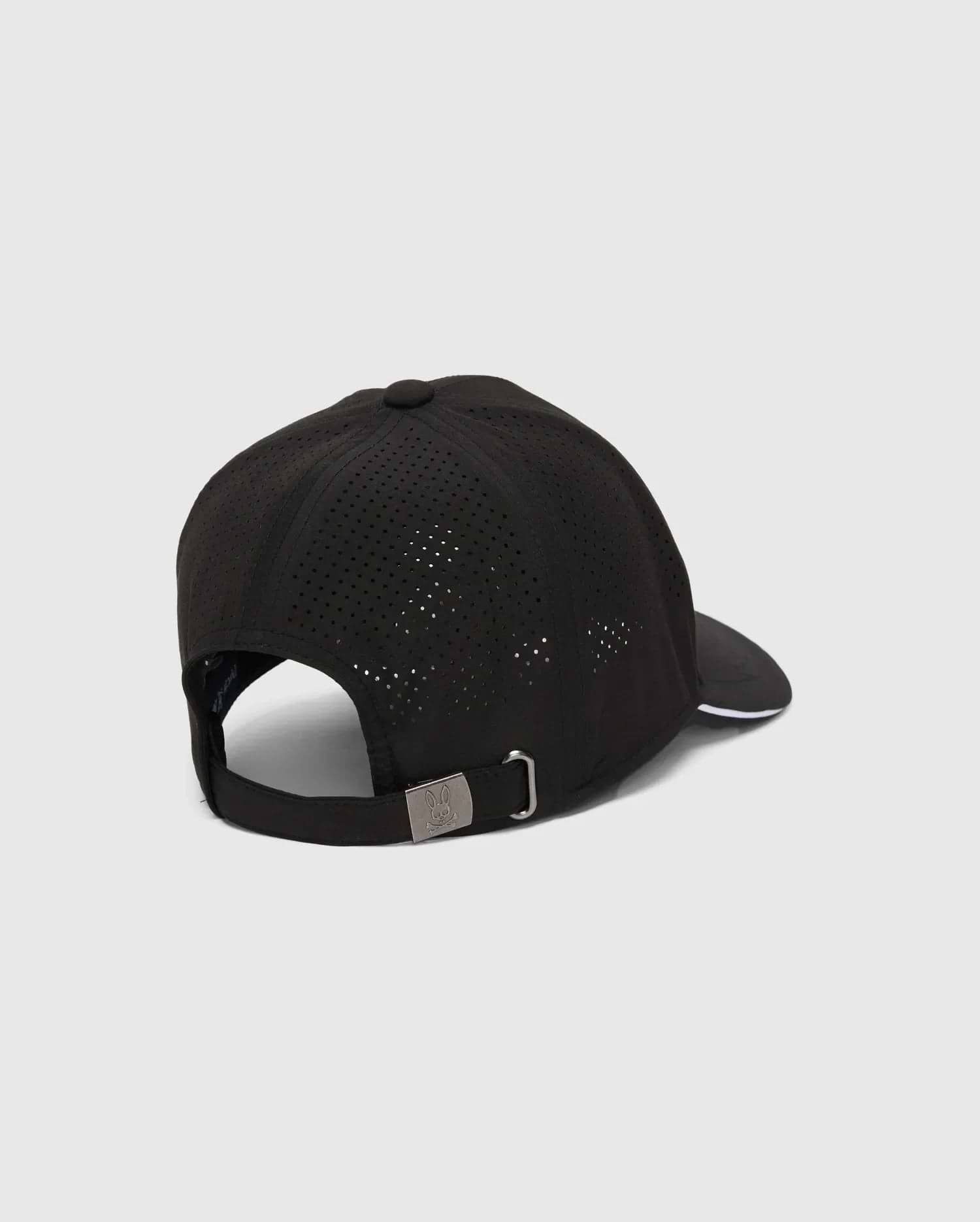 Mens Blaze Sport Cap, black perforated performance fabric with a white brim edge, featuring an adjustable strap and a gunmetal Psycho Bunny skull logo buckle. (4)