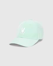Mens Blaze Sport Cap in pale mint green, featuring a large white Psycho Bunny skull logo on the front, perforated side panels for breathability, and a white trim on the brim. (2)