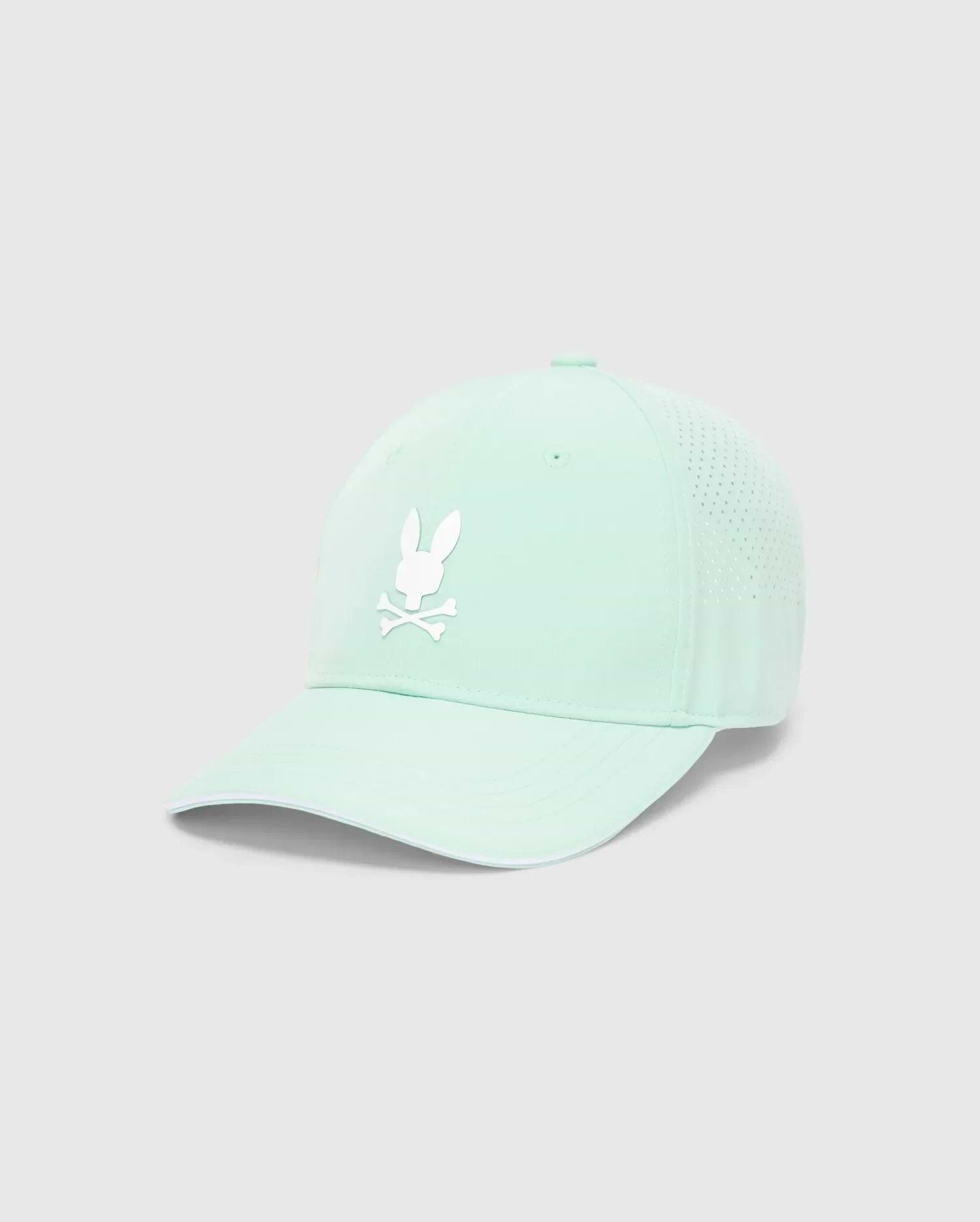 Mens Blaze Sport Cap in pale mint green, featuring a large white Psycho Bunny skull logo on the front, perforated side panels for breathability, and a white trim on the brim. (2)
