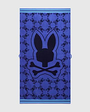 Vibrant blue All Over Bunny Towel featuring a large central dark blue Psycho Bunny skull logo, an all-over pattern of smaller dark blue bunny skulls, and light blue striped borders. (1)