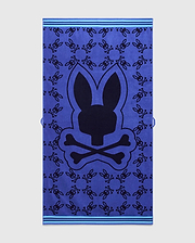 Vibrant blue All Over Bunny Towel featuring a large central dark blue Psycho Bunny skull logo, an all-over pattern of smaller dark blue bunny skulls, and light blue striped borders. (1)