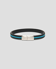 Mens Link Rubber Bracelet, a sleek black rubber band with a vibrant turquoise chain-link inlay and a polished silver clasp featuring engraved Psycho Bunny branding and skull logo. (1)