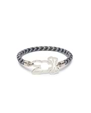 Mens Braided Pattern Leather Bracelet featuring a dark grey and light grey braided leather band with a prominent silver-tone Psycho Bunny skull logo clasp.