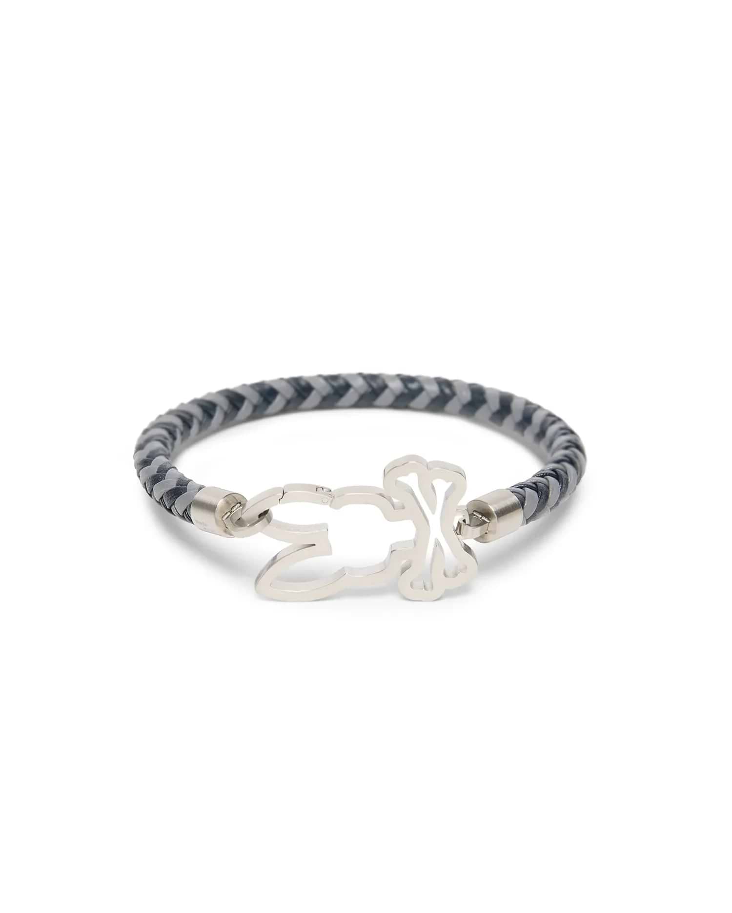 Mens Braided Pattern Leather Bracelet featuring a dark grey and light grey braided leather band with a prominent silver-tone Psycho Bunny skull logo clasp.