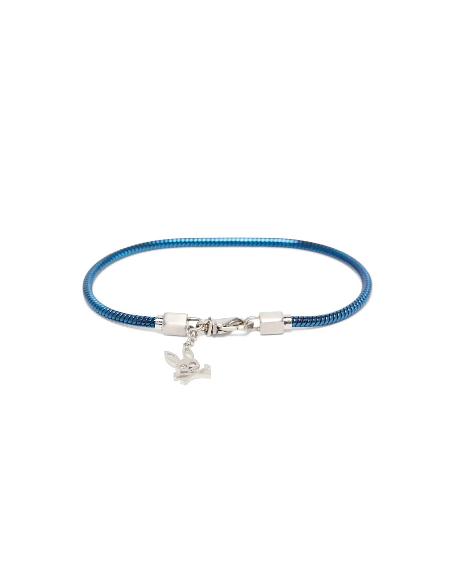Mens Snake Chain Bracelet featuring a vibrant metallic blue snake chain, silver-tone lobster clasp, and a small dangling silver Psycho Bunny skull logo charm. (1)