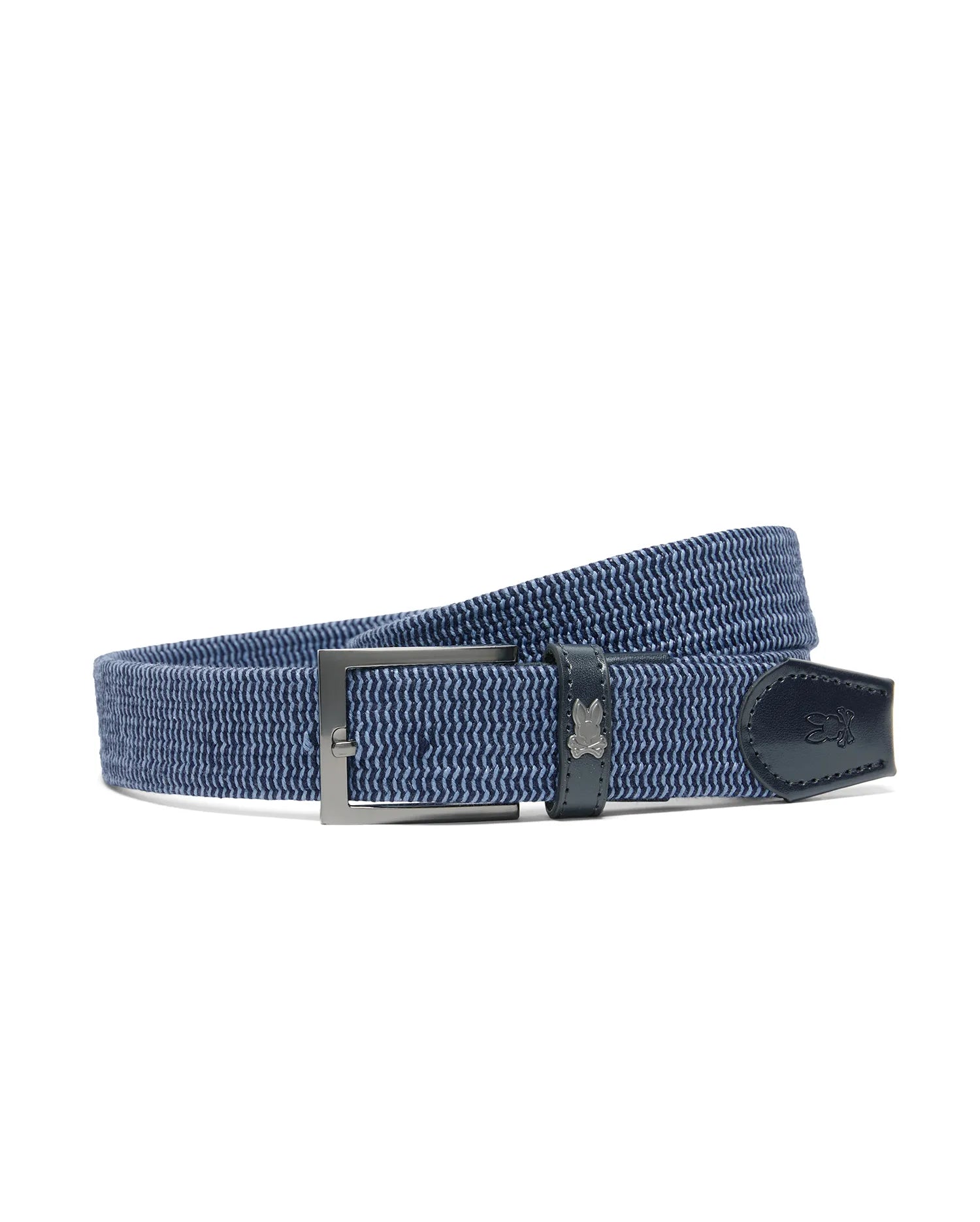Men's Two-Tone Braided Belt in blue with a wavy woven texture, dark blue leather accents, a gunmetal buckle, and small metal and embossed Psycho Bunny skull logos. (1)