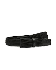 Men's Stretch Braided Belt in black, featuring a braided stretch texture, matte black buckle, and embossed Psycho Bunny skull logos on the leather keeper and end tab. (1)