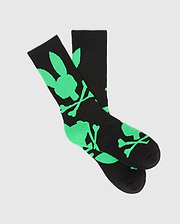 Mens Big Bunny Sport Sock, black knit with a bold, all-over neon green Psycho Bunny skull and crossbones logo pattern, featuring a comfortable crew length fit.