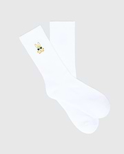 White Mens Sunny Sport Sock featuring a small, embroidered gold and blue Psycho Bunny skull logo with sunglasses on the outer cuff, crafted from smooth knit fabric. (1)
