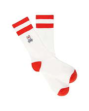 Mens Pal Sport Sock, white knit socks featuring two bold red stripes on the cuff, a vibrant red heel and toe, and a small embroidered blue and white Psycho Bunny skull logo on the ankle.