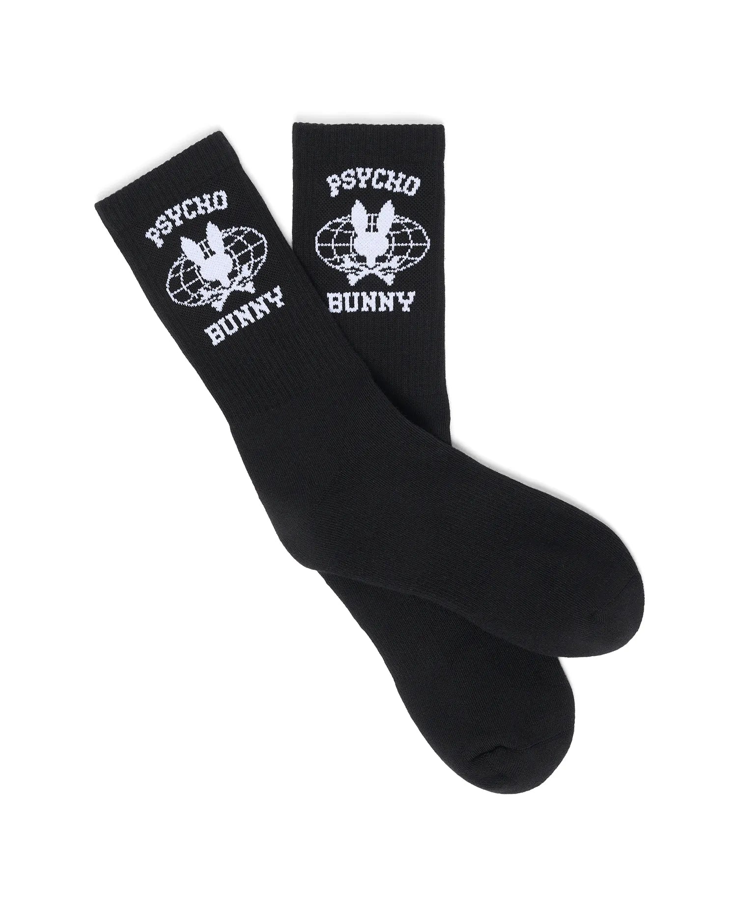 Black Mens Mike Sport Sock with a large white Psycho Bunny skull and globe logo and PSYCHO BUNNY text on the ribbed cuff, made from soft knit fabric.