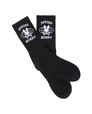 Black Mens Mike Sport Sock with a large white Psycho Bunny skull and globe logo and PSYCHO BUNNY text on the ribbed cuff, made from soft knit fabric.
