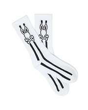 White Mens Ty Sport Sock featuring the iconic black Psycho Bunny skull and crossbones logo prominently on the upper cuff, with three bold black vertical stripes below.