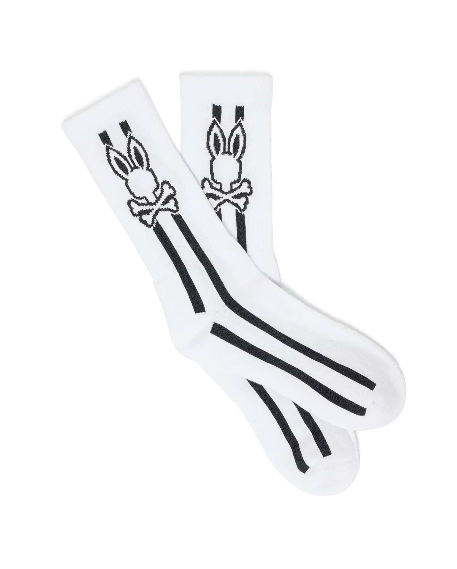 White Mens Ty Sport Sock featuring the iconic black Psycho Bunny skull and crossbones logo prominently on the upper cuff, with three bold black vertical stripes below.