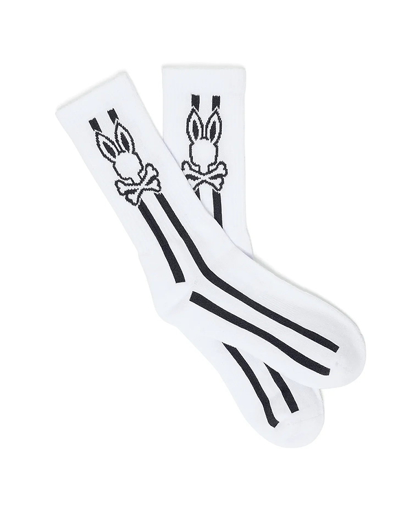 White Mens Ty Sport Sock featuring the iconic black Psycho Bunny skull and crossbones logo prominently on the upper cuff, with three bold black vertical stripes below.