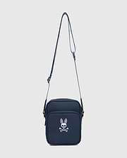 Classic Bunny Messenger Bag in navy blue, featuring a prominent white and pink Psycho Bunny skull logo on the front pocket, made from smooth, durable fabric.