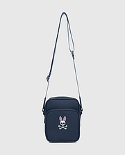 Classic Bunny Messenger Bag in navy blue, featuring a prominent white and pink Psycho Bunny skull logo on the front pocket, made from smooth, durable fabric.