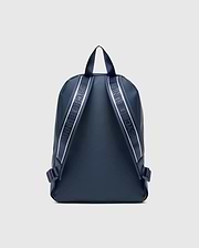 Classic Bunny Backpack in dark navy blue with a smooth, matte finish, featuring white and light blue striped webbing straps with repeated Psycho Bunny text branding.