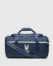 Smooth, durable navy blue Classic Bunny Gym Bag with a large white and pink Psycho Bunny skull logo, white accent stripe, and branded shoulder strap.
