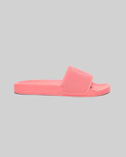 Coral pink Mens Knit Slides featuring a textured knitted upper strap with an embossed Psycho Bunny skull logo and a smooth, contoured sole. (2)