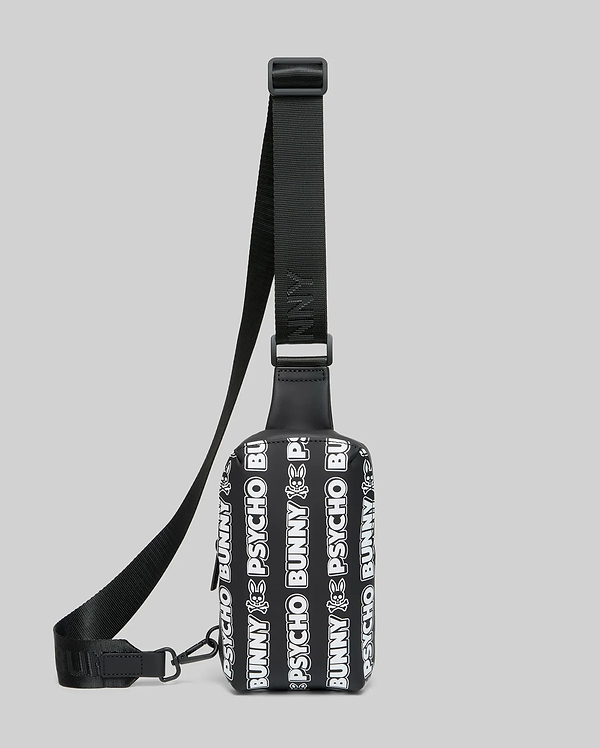 Mens Rubberized Crossbody bag featuring an all-over white repeating Psycho Bunny text and skull logo pattern on a black rubberized body with a black woven adjustable strap.