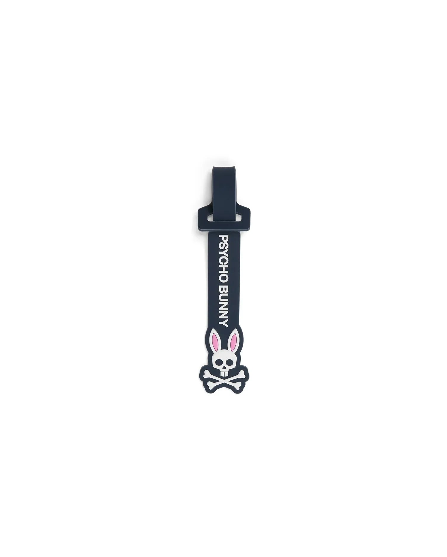 Mens Silicone Strap Luggage Tag, a sleek dark navy blue silicone strap featuring prominent vertical white PSYCHO BUNNY text and a large, detailed white and pink bunny skull logo.