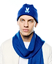 Men's Leighton Merino Beanie in royal blue, featuring a prominent light blue embroidered Psycho Bunny skull and crossbones logo on the front, with a classic rib-knit texture.