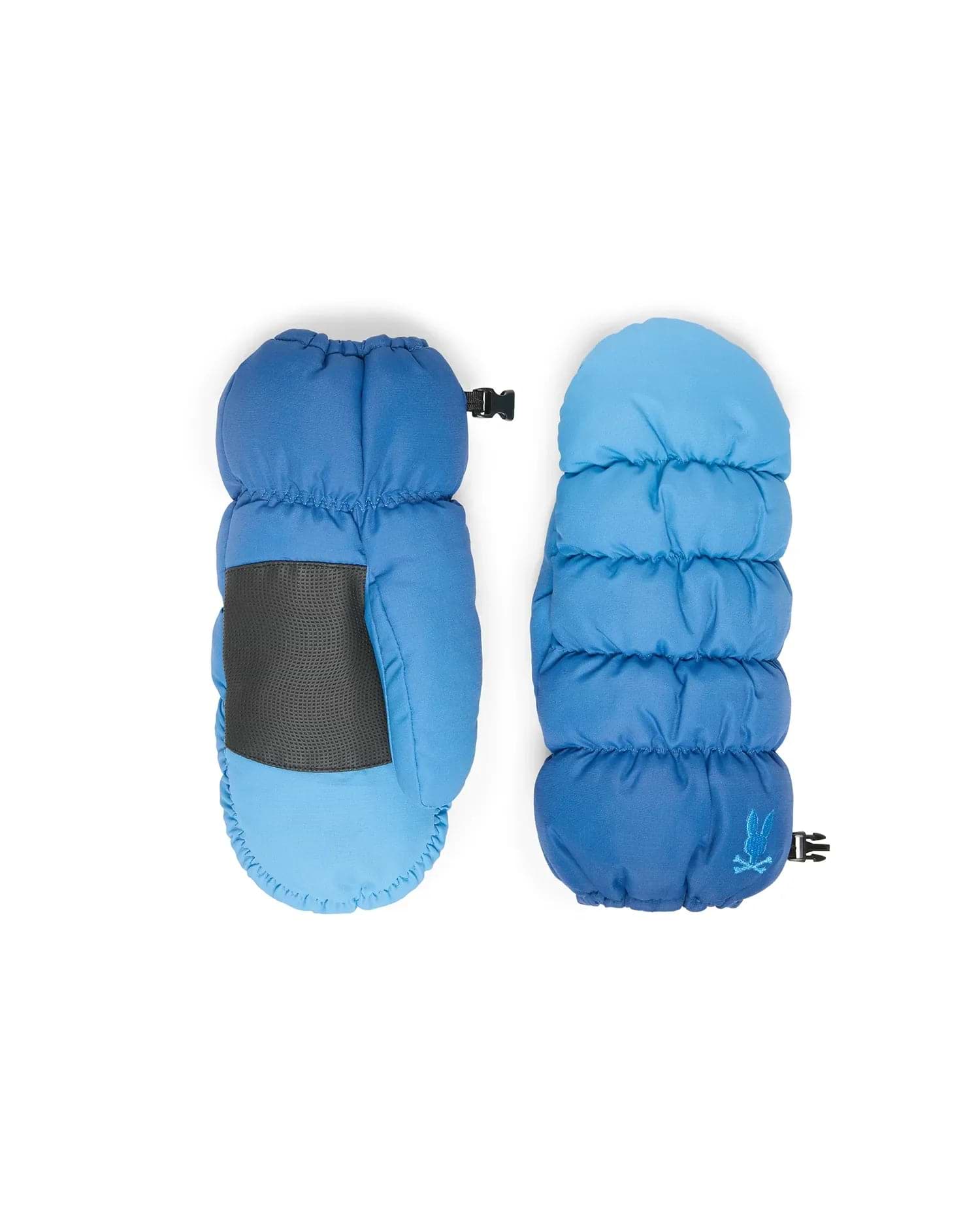 Men's Psycho Bunny Puffer Gloves in two-tone blue, featuring a padded design, dark grey textured palm grip, elasticated cuffs, and an embroidered light blue bunny skull logo. (1)