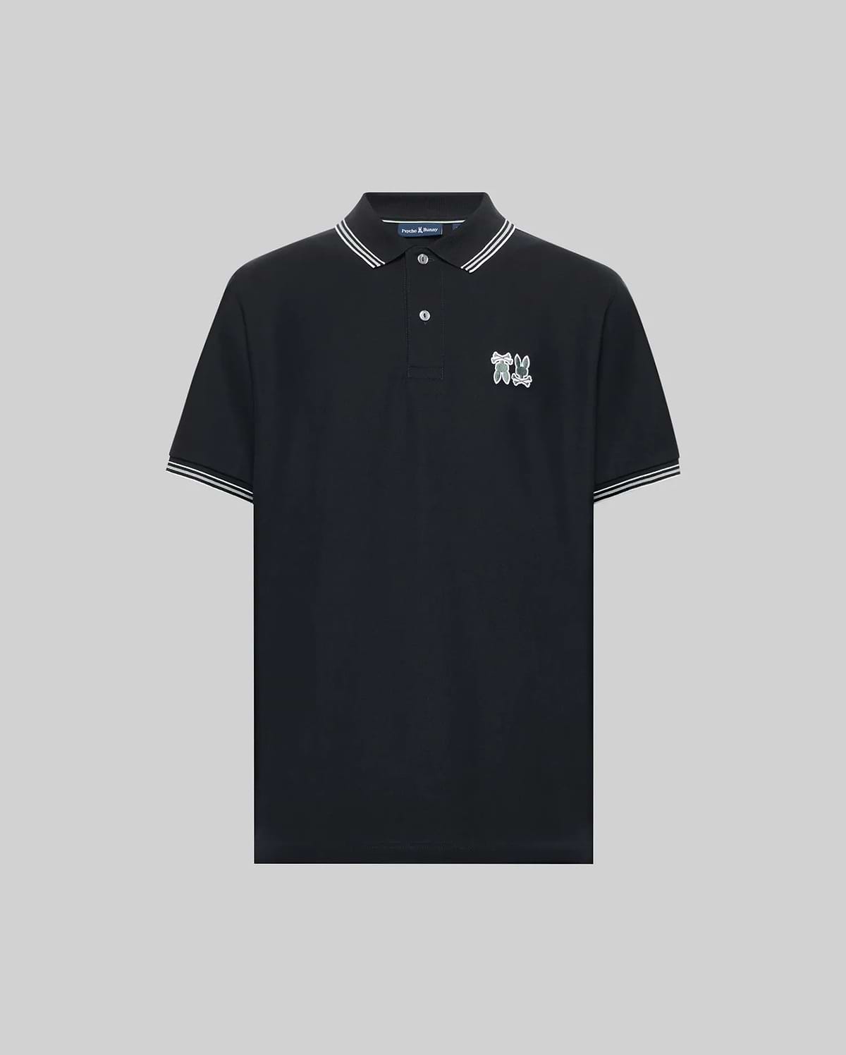 The Psycho Bunny MENS ARCHIVE NEON BUNNY POLO - MT0100018 is a black, short-sleeve knit shirt with white-striped collar and cuffs, a small embroidered Bunny logo on the left chest, and made from 100% Pima cotton. Displayed on a gray background. (4)