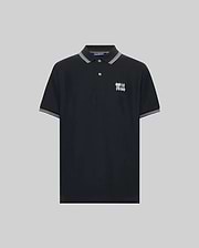 The Psycho Bunny MENS ARCHIVE NEON BUNNY POLO - MT0100018 is a black, short-sleeve knit shirt with white-striped collar and cuffs, a small embroidered Bunny logo on the left chest, and made from 100% Pima cotton. Displayed on a gray background. (4)