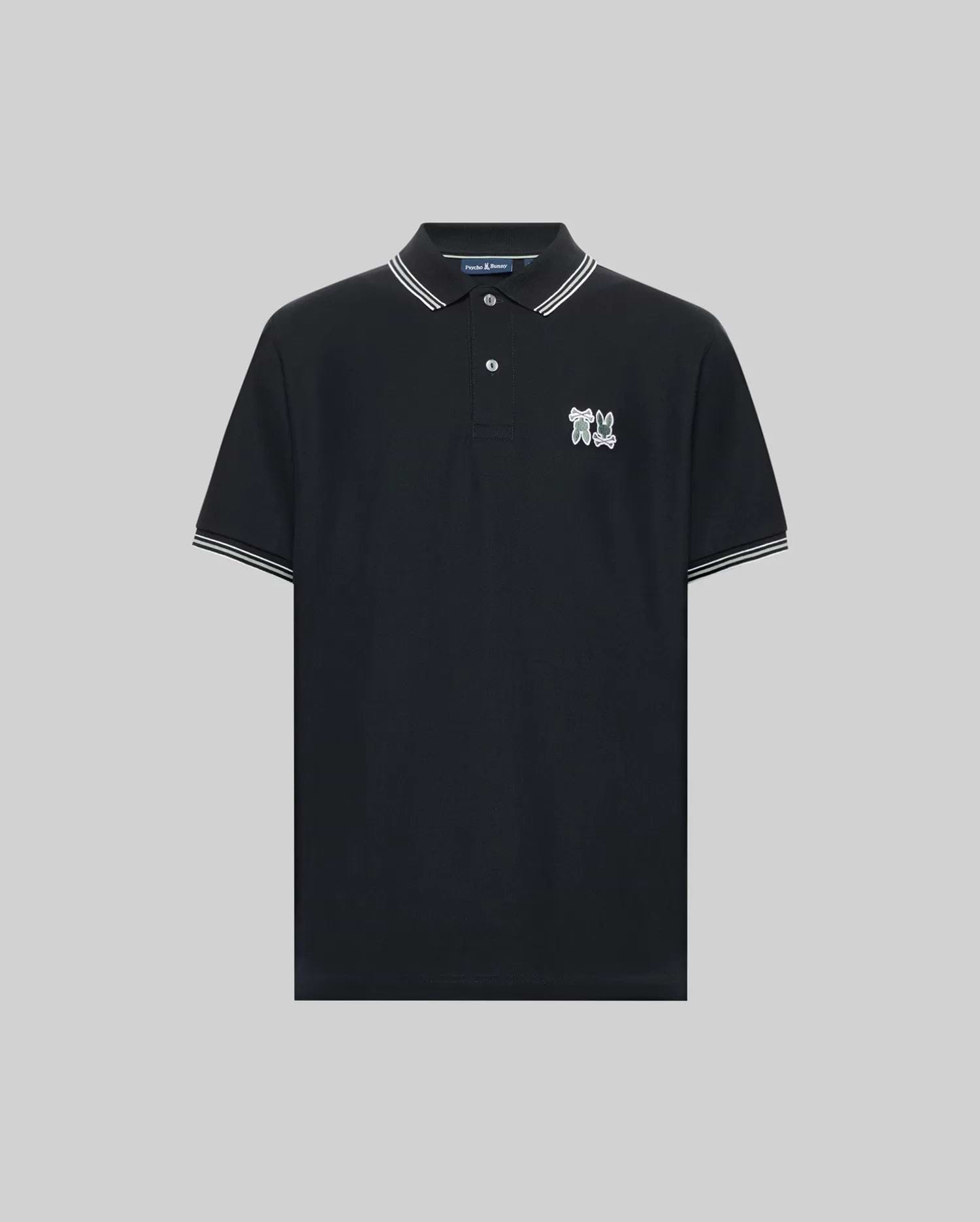 The Psycho Bunny MENS ARCHIVE NEON BUNNY POLO - MT0100018 is a black, short-sleeve knit shirt with white-striped collar and cuffs, a small embroidered Bunny logo on the left chest, and made from 100% Pima cotton. Displayed on a gray background. (4)