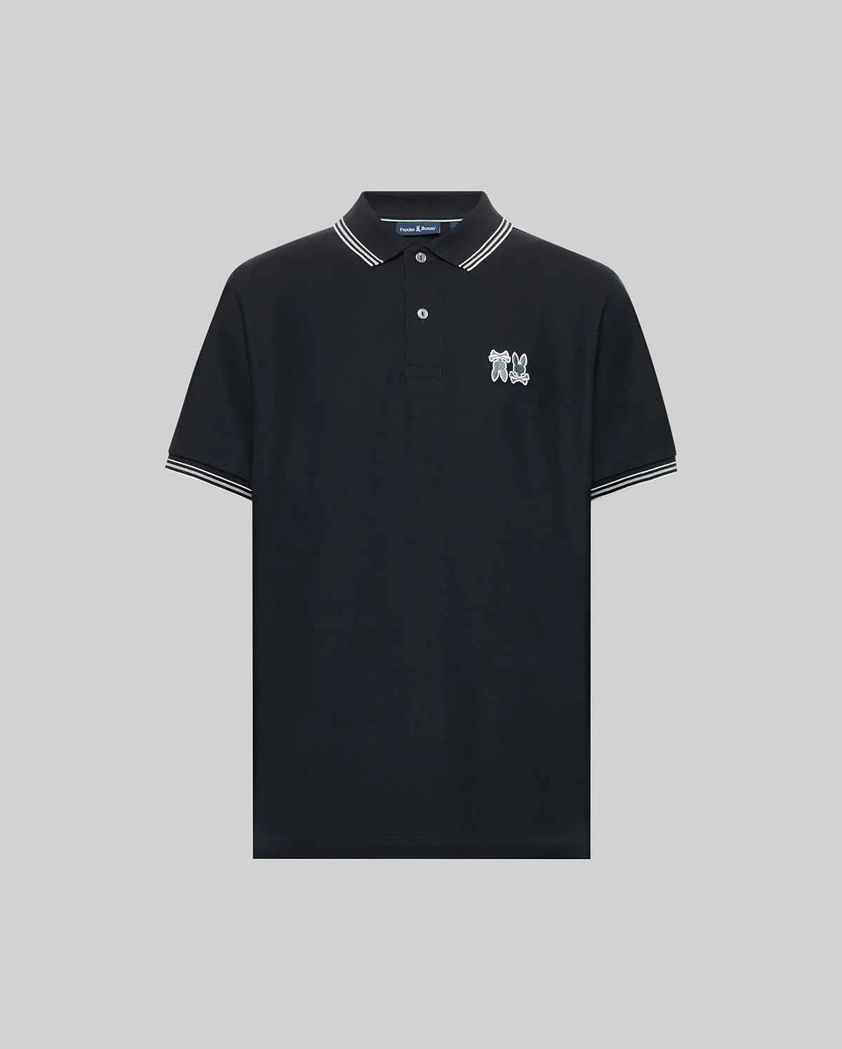 The Psycho Bunny MENS ARCHIVE NEON BUNNY POLO - MT0100018 is a black, short-sleeve knit shirt with white-striped collar and cuffs, a small embroidered Bunny logo on the left chest, and made from 100% Pima cotton. Displayed on a gray background. (4)