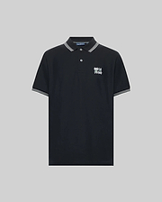 The Psycho Bunny MENS ARCHIVE NEON BUNNY POLO - MT0100018 is a black, short-sleeve knit shirt with white-striped collar and cuffs, a small embroidered Bunny logo on the left chest, and made from 100% Pima cotton. Displayed on a gray background. (4)