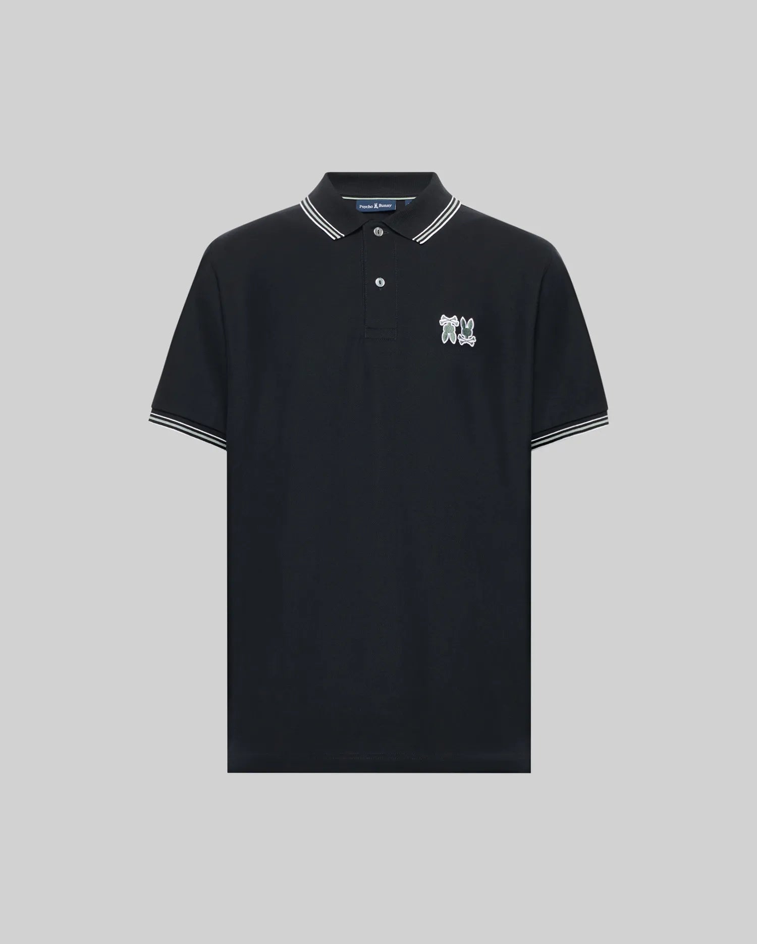 The Psycho Bunny MENS ARCHIVE NEON BUNNY POLO - MT0100018 is a black, short-sleeve knit shirt with white-striped collar and cuffs, a small embroidered Bunny logo on the left chest, and made from 100% Pima cotton. Displayed on a gray background. (4)