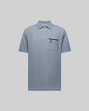 The Psycho Bunny MENS HADLEY PERFORMANCE PIQUE POLO (MT0100021) is a light blue short-sleeve collared shirt with three buttons and a chest pocket featuring an embroidered dark blue bunny logo, shown on a plain light grey background. (5)
