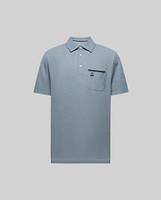 The Psycho Bunny MENS HADLEY PERFORMANCE PIQUE POLO (MT0100021) is a light blue short-sleeve collared shirt with three buttons and a chest pocket featuring an embroidered dark blue bunny logo, shown on a plain light grey background. (5)