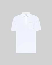 The Psycho Bunny MENS HADLEY PERFORMANCE PIQUE POLO (MT0100021) is a plain white short-sleeve polo with a collar, three buttons, and a left chest pocket, shown against a light gray background. (5)