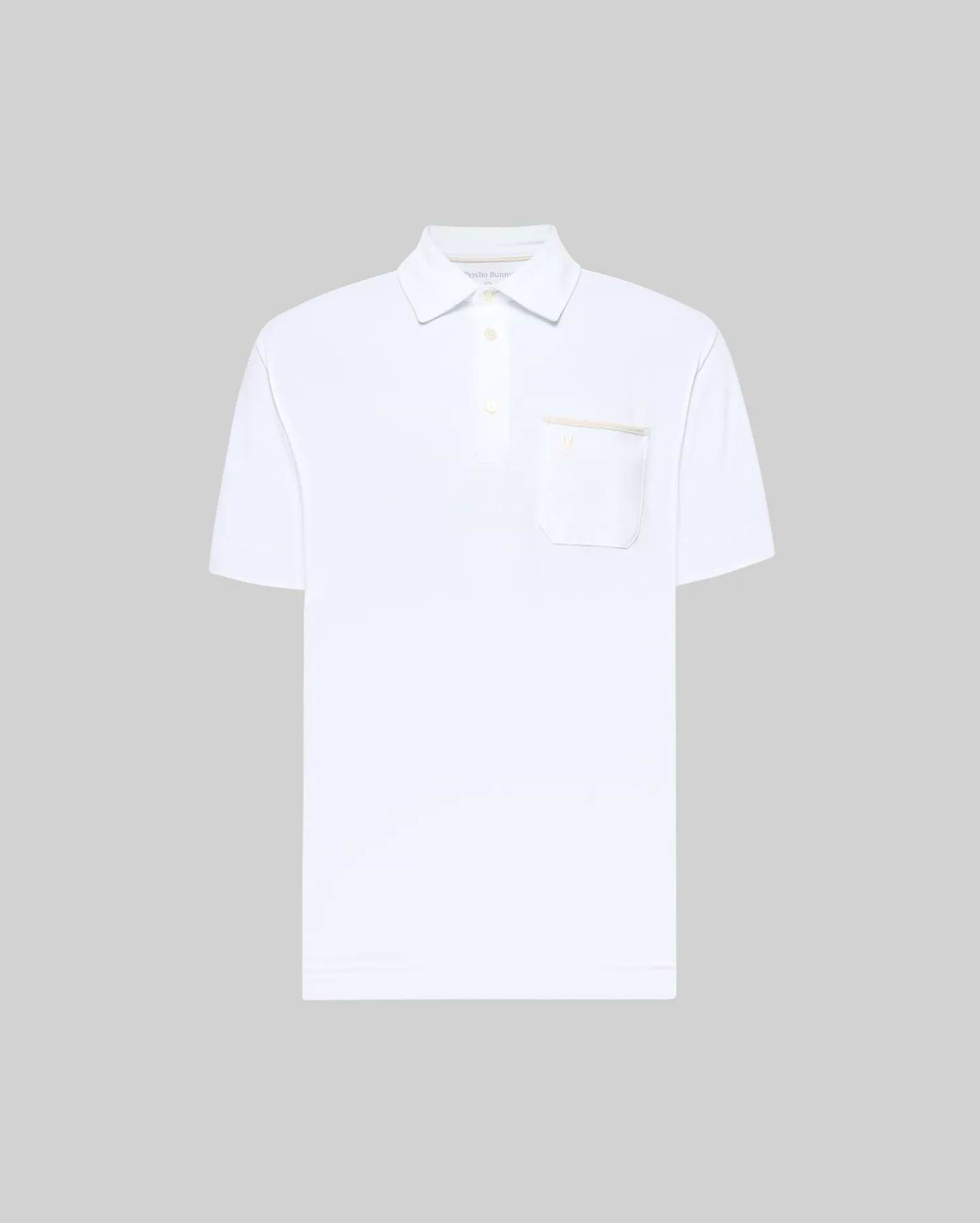 The Psycho Bunny MENS HADLEY PERFORMANCE PIQUE POLO (MT0100021) is a plain white short-sleeve polo with a collar, three buttons, and a left chest pocket, shown against a light gray background. (5)