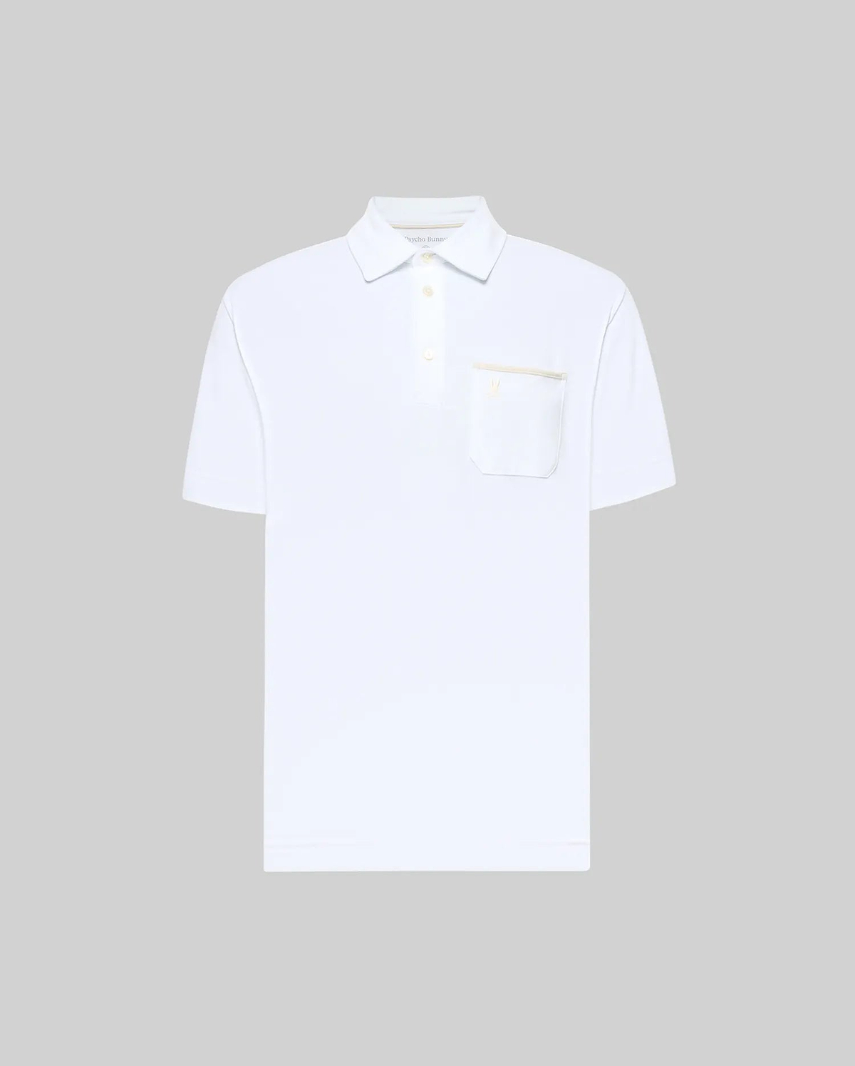 The Psycho Bunny MENS HADLEY PERFORMANCE PIQUE POLO (MT0100021) is a plain white short-sleeve polo with a collar, three buttons, and a left chest pocket, shown against a light gray background. (5)