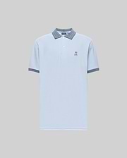 The Psycho Bunny Men's Murphy Pique Polo Shirt (MT0100026) is light blue, crafted from soft Pima cotton, with a buttoned collar, dark blue striped trim on the collar and cuffs, and a small embroidered Bunny logo on the chest. Plain gray background. (5)