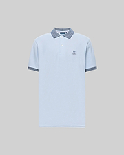 The Psycho Bunny Men's Murphy Pique Polo Shirt (MT0100026) is light blue, crafted from soft Pima cotton, with a buttoned collar, dark blue striped trim on the collar and cuffs, and a small embroidered Bunny logo on the chest. Plain gray background. (5)
