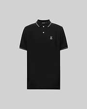The Psycho Bunny MENS HART PIQUE POLO SHIRT (MT0100032) is a black short-sleeve Pima cotton polo with white-trimmed collar and sleeves, button placket, and an embroidered cartoon rabbit logo on the left chest. Shown on a gray background. (5)