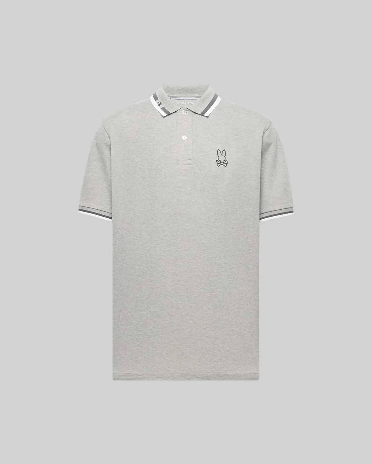 The Psycho Bunny MENS CHRIS PERFORMANCE PIQUE POLO (MT0100038) is a light grey slim fit polo with a white and grey striped collar and sleeves, featuring an embroidered bunny head with bowtie on the left chest and a classic two-button placket.