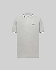 The Psycho Bunny MENS CHRIS PERFORMANCE PIQUE POLO (MT0100038) is a light grey slim fit polo with a white and grey striped collar and sleeves, featuring an embroidered bunny head with bowtie on the left chest and a classic two-button placket.